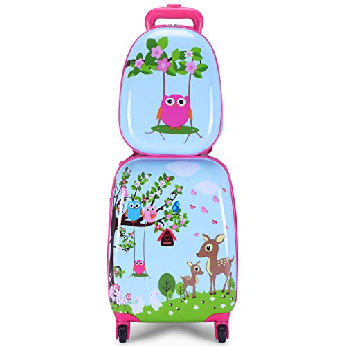 Goplus 2Pc 12" 16" Kids Carry On Luggage Set Upright Hard Side Hard Shell Suitcase School Travel Trolley ABS (Deer & Birds)