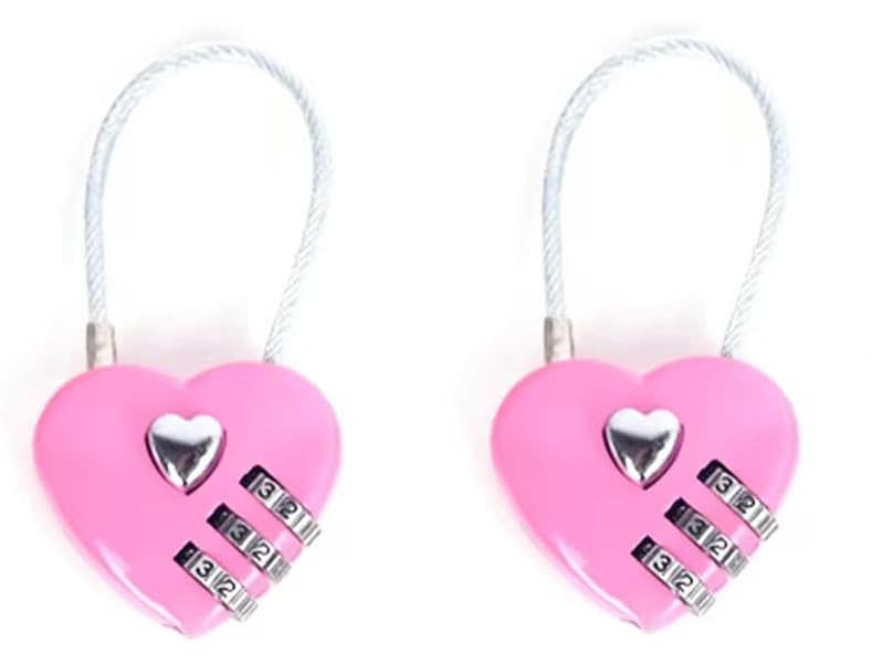 2Pcs Pink Combination Lock, 3 Digit Heart Shaped Padlock for School Gym Locker, Cable Luggage Locks, Sports Locker Lock, Luggage,Fence,Backpack,Valentine Gift Travel Accessories