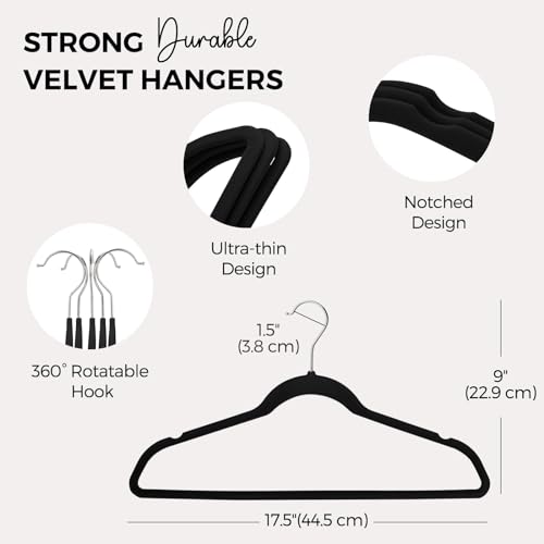 HOUSE DAY Black Velvet Hangers 60 Pack-Premium Clothes Hangers Non-Slip Felt heavy Duty Coathanger, Durable Suit Hanger for Space Saving, No Hanger Marks 360 Rotating (Black, 60 Pack)
