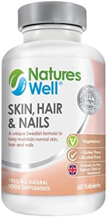 Skin, Hair & Nails, 100% Halal Certified & Kosher, 60 Vegetarian Tablets, Unique Swedish Blend of Vitamins, Minerals and Amino Acid, Biotin, Zinc, C & B Vitamins, Suitable for Men and Women, Optimised Formula by Natures Well