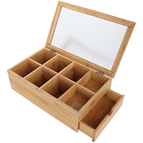 Lilys-Home-Bamboo-Wood-Tea-Box-Chest-Organizer-With-Slide-Out-Drawer-8-Storage-Compartments-Clear-Shatterproof-Hinged-Lid-and-Magnetic-Lock
