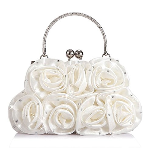 Emour Women Satin Rose Rhinestone Pure Color Handbag Evening Bags Wedding Handbags Carved Handle (White)