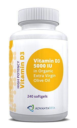 AdvantaVita Vitamin D3 5,000 IU in Natural Organic Extra Virgin Olive Oil, High Potency Formula for Men and Women, Made in USA, 240 softgels