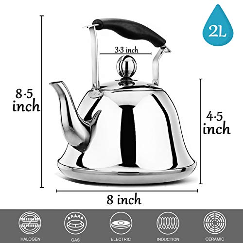 Whistling Tea Kettle Stainless Steel Stovetop Teakettle Sturdy Teapot for Tea Coffee Fast Boiling with Infuser Color silver Mirror Finish 2 Liter / 2.1 Quart (Silver) - Thumbnail 2