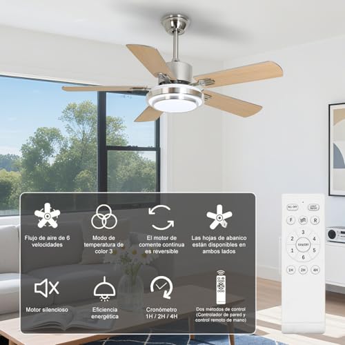 Ventilador de Techo con Luz LED 42" - Abanico de Techo Silencioso con Motor DC, 6 Velocidades, Aspas Reversibles (Madera/Plateado), Control Remoto, Ideal para Sala, Dormitorio u Oficina,5 aspas