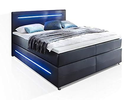 moebel-eins Lonni Boxspringbett inklusive LED Beleuchtung, Material Kunstleder, 160 x 200 cm, schwarz, Härtegrad 2+3