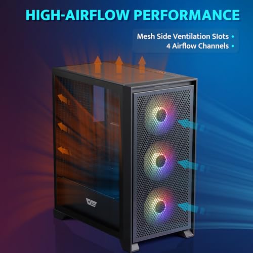 darkFlash ATX Mid-Tower Gaming PC Case, Pre-Installed 3x120mm Fix RGB Fans, with Removable Large Mesh Front Panel, USB3.0 Ready, Tempered Glass Side Panel Airflow Computer Case, Black(DRX70)