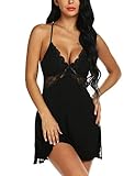 ARANEE Women Lingerie Sexy Chemise Nightie Lace Babydoll V Neck Sleepwear Slip Dress Black