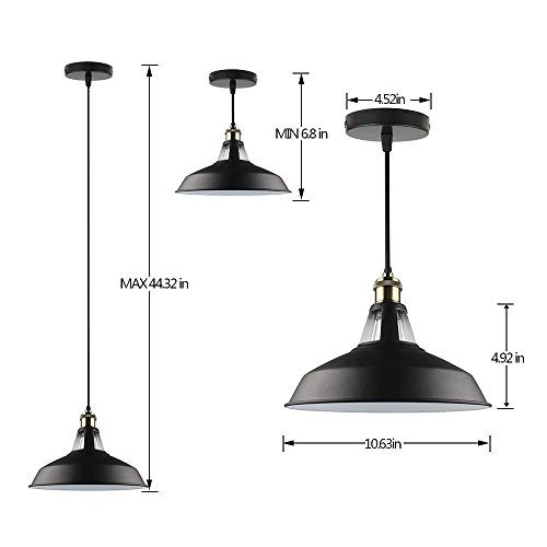 GALYGG Industrial Pendant Lighting, Metal Shade Ceiling Hanging Light Fixtures, for Kitchen Island - Outside Black Inside White, 3 Pack (Included 4W Edison Bulb) - Thumbnail 6