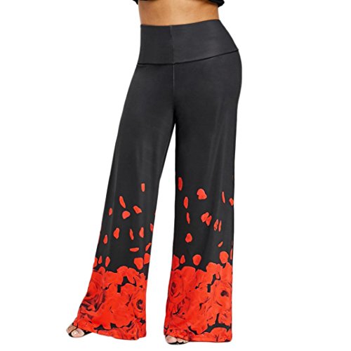 ManxiVoo Womens Plus Size Casual Wide Leg Trousers Pants Fashion Rose Petal Printed Loose Pants (XXXXXL, Red) - Thumbnail 6