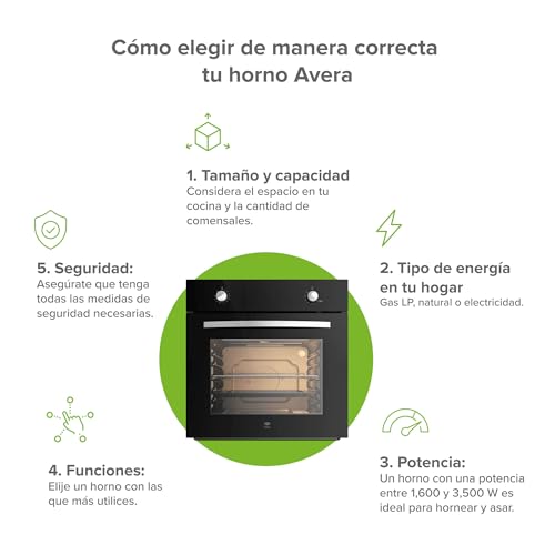 AVERA Horno empotrable para Gas Natural, 58 Litros, 60 cm, Control de temperatura 130° - 250°C, Temporizador 90 min, Luz interior, Encendido eléctrico 127V, Funciones Hornaer y Asar | HE00NAT