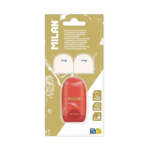 Milan® Capsule Lava Sharpening Blister Pack + 2 Replacement Erasers, Red