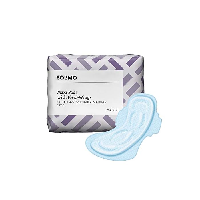 Amazon Brand - Solimo Maxi Pads with Flex-Wings, Extra Heavy Overnight Absorbency, Unscented, Size 5, 20 Count, 1 Pack
