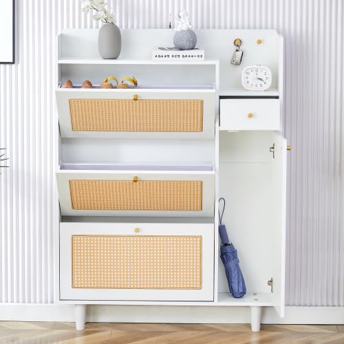 Photo 1 of ****PARTIAL SET8**** NOT COMPLET GIA Modern Minimalist Storage Cabinet with Rattan Design, White, 4-Door