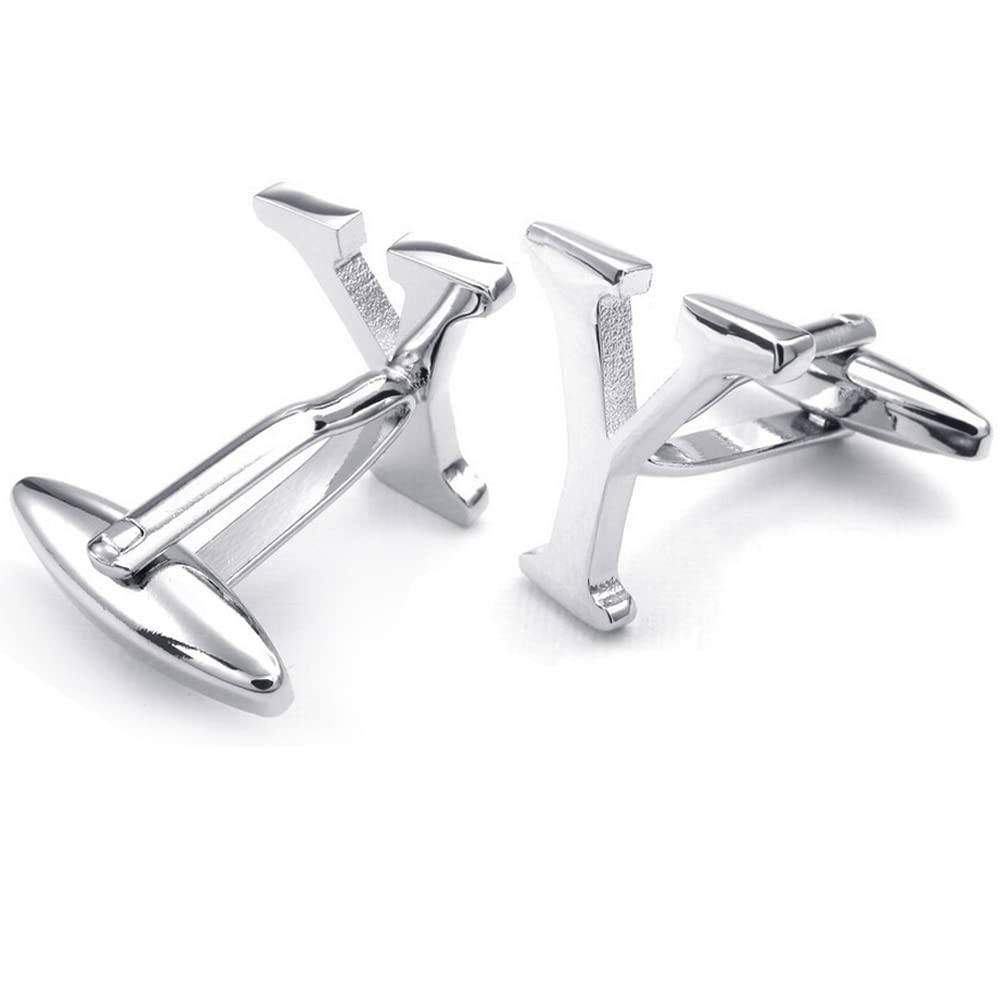 HONEY BEAR Mens Initial Alphabet Letter Silver White Steel Wedding Formal Business Cufflinks (Y)