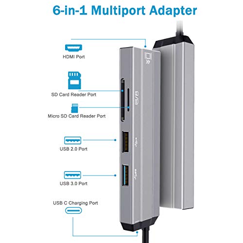 USB C Hub Multiport Adapter,PRANITE 6-in-1 Portable Aluminum Dongle Docking Station with 4K 30Hz HDMI Output,USB3.0/2.0 SD Card Reader, Compatible for MacBook and More Type C Devices(Space Gray)
