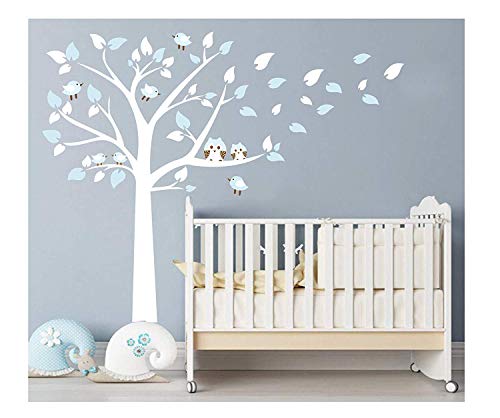 LUCKKYY Cute Owls with Birds Stand on The Tree Wall Decals Tree Wall Decals Tree Wall Sticker for Kid Baby Nursery Room (87x78) (Blue)