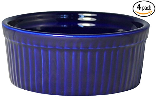 ITI Ceramic Stackable Baking Ramekins / Condiment Sauce Cups with Pan Scraper, Medium / Large, 4-Pack (6 Ounce, Cobalt Blue)