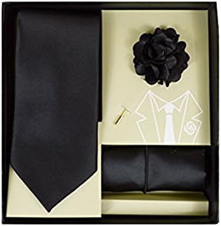 Men's Microfiber Black Matching Necktie Tie, Hanky and Lapel Pin Box Set