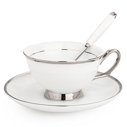 ARTVIGOR 12-Pieces White Silver Rimmed Tea and Coffee Service Set, New Bone China Cups & Saucer Sets with Spoons