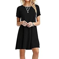 Weform Women Ladies Casual O-Neck Short Sleeve Solid Mini Dress A Line Summer Dresses Black
