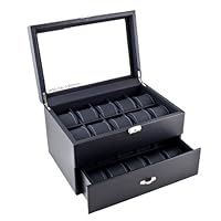 Caddy Bay Collection Black Carbon Fiber Pattern Watch Box Display Storage Case with Glass Top, Blue Stitching Perforated Soft Pillows Holds 20 Watches - Blue Stitching