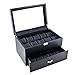 Caddy Bay Collection Black Carbon Fiber Pattern Watch Box Display Storage Case with Glass Top, Blue Stitching Perforated Soft Pillows Holds 20 Watches - Blue Stitching