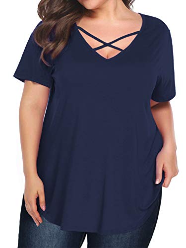 Amoretu Women Summer Short Sleeve Criss Cross T Shirt Plus Size Tops(Navy,3XL)