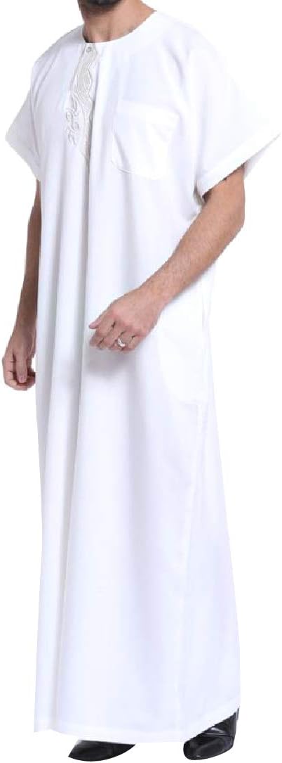 Whitive Men Jilbab Dubai Round Neck Pure Color Traditional Tees Top