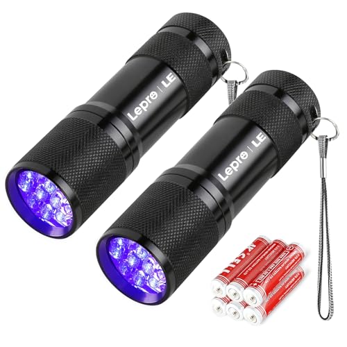 Lighting EVER Lepro UV Lamp, 395nm UV LED Black Light Ultraviolet Light, 6 AAA Batteries Included for Fluorescent Tracers Dog Cat Mat Urine Detector Scorpion Checks Money, Pack of 2
