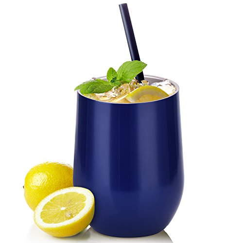 Skylety 12 oz Double-insulated Stemless Glass Wine Tumbler, Stainless Steel Tumbler Cup with Lids for Coffee, Drinks, Champagne, Cocktails (Dark Blue)
