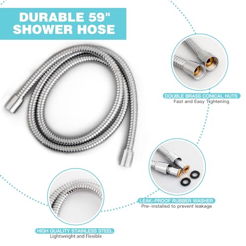 6-Setting Shower Head with Handheld, JDO High Pressure Hand held Shower Head, 4.7 Inch Chrome Detachable Showerhead Set with 59 Inch Stainless Steel Hose and Adjustable Showerhead Holder