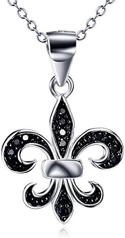 Valentine's Day Fleur De Lis Flower 925 Sterling Silver Pendant Necklace Black Cubic Ziroconia 18" Chain for Women Girl Sexy Fashion Jewellery