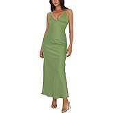 Summer Satin Spaghetti Strap V Neck Maxi Dresses for Women 2026 Backless Silk Wedding Guest Formal Tie Back Cocktail Dress