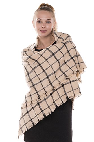 BYOS Women Winter Versatile Chic Tartan Plaid Oversized Blanket Scarf Wrap Shawl (Windowpane Check Beige) - Thumbnail 2