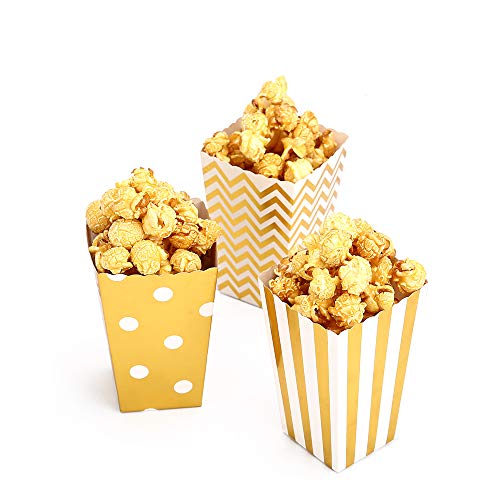 CLAIREBOX Popcorn Boxes Gold Stamping Trio Polka Dot, Chevron, and Striped Assorted Designs - Movie Theater Night, Festivals, Wedding Favors (30 Boxes) (Gold)
