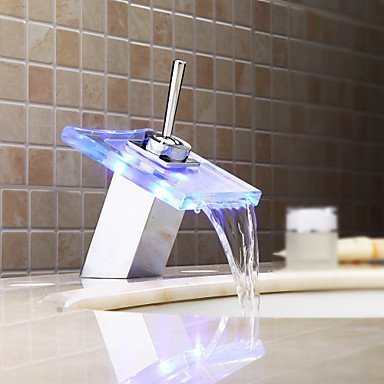 YAJO Modern Single Handle 360 Degree Rotating Lever Bathroom Glass Spout LED Color Changing Vessel Sink Faucet, Chrome