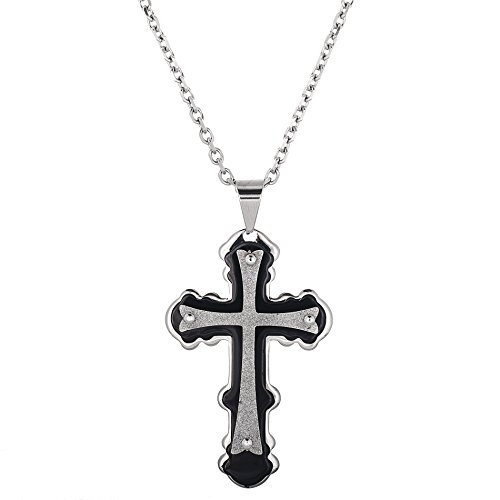 Brooklyn Exchange Men's Two-Tone Stainless Steel Polish Black Triple Layered Cross Pendant Rolo Chain Necklace