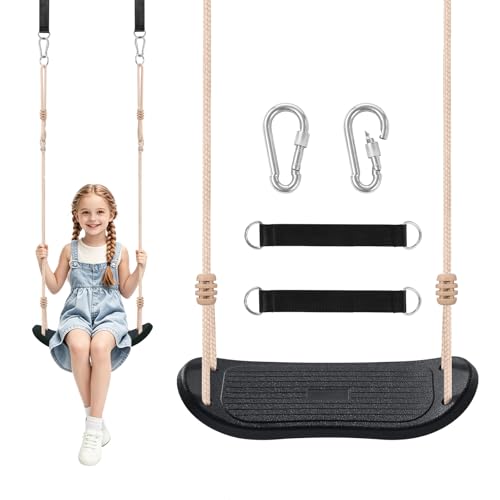 Fionrziy Ergonomic Swing, Height-Adjustable Children's Swing up to 120 kg for Outdoors, Weatherproof and Non-Slip Swing Seat, Includes Tree Straps and Carabiner for Children from 3 Years, Black