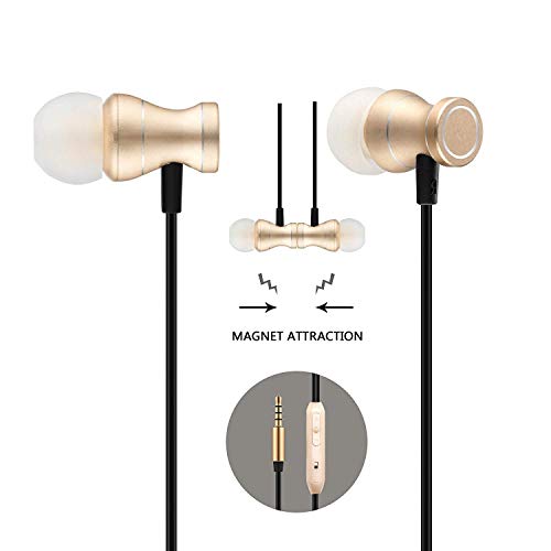in-Ear Earbuds Headphones, Bambud Magnetic Wired Earphones Stereo Bass Noise Cancelling Ear Buds Headsets with Microphone and Volume Control for All 3.5mm Jack Phones(Gold)