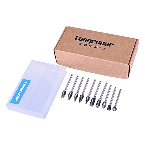 Longruner 1 Set Double Cut Carbide Rotary Burr (10 Pieces 3X6MM Tungsten Steel Tungsten Carbide Rotary Bits) Diamond Burrs for Woodworking Drilling Carving Engraving LC02