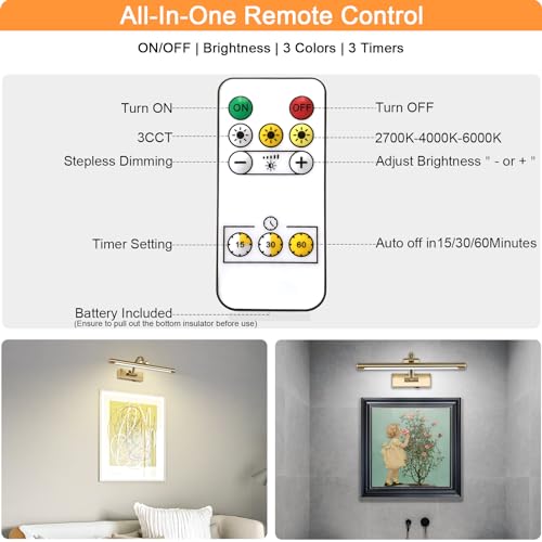 Tassuowell Wireless Picture Lights for Wall Rechargeable, Battery Operated Art Light for Paintings, 3CCT Dimmable, 15.7" Brass Finish with Remote, Rotatable Gallery Light for Pictures Display