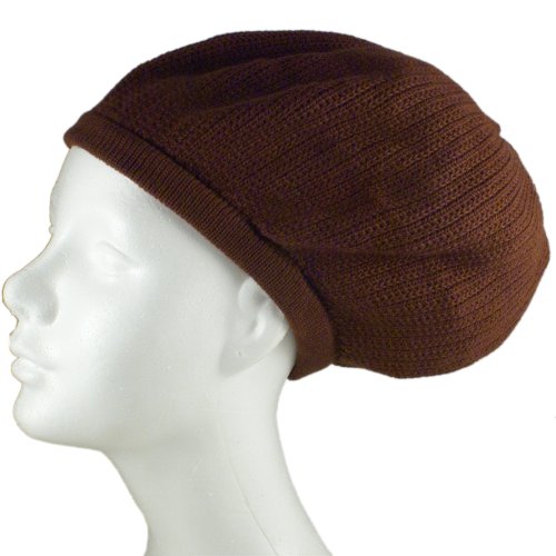 Shoe String King SSK Rasta Knit Tam Hat Dreadlock Cap (Large Round Solid Brown, Brimless)