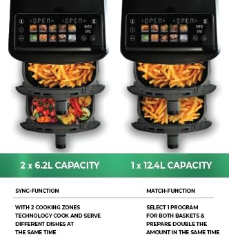 XXL 12.4L Stacked Dual Basket KönigChef Double Drawer Vertical Family Air Fryer, 2800W, FRY FORCE 360°, 10 Presets, Match & Sync, LED Touch Display - ZHAF-968A