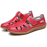 YOOEEN Ladies Soft Leather Sandals Comfortable Flat Shoes Non-Slip Hollow Closed Toe Summer Sandals Red