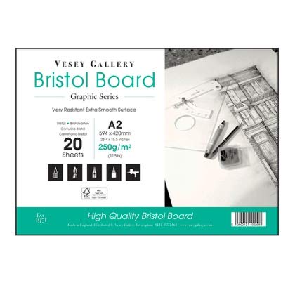 A2 Bristol Board Paper sketching pad. 20 Sheets of High White Smooth Bristol Paper, Heavy 250gsm Board. by Vesey Gallery Made in UK