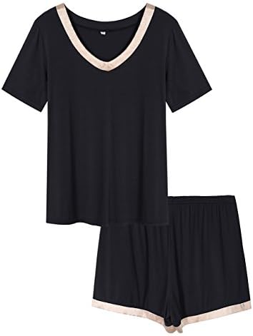 HiMiss Women Pajama Sets V-Neck Short Sleeve Soft Comfortable Sexy Pajama Shorts and Top Set Black Nightwear (XXL, Black)