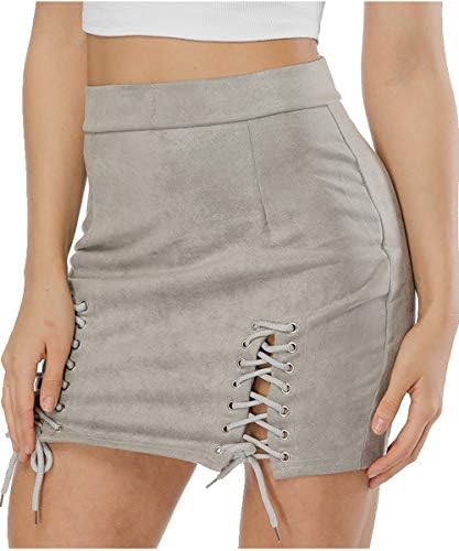Aliwendy Women Sexy Criss Cross Tight Bodycon High Waist Faux Suede Stretch Mini Skirt