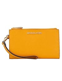 Michael Kors - Funda de piel con cremallera doble para teléfono móvil de viaje, diseño de chorro, color caléndula