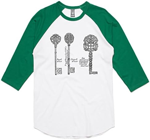 theIndie Fancy Ornate Iron Key (Black) 3/4-Sleeve Raglan Baseball T-Shirt, White / Kelly, 2XL